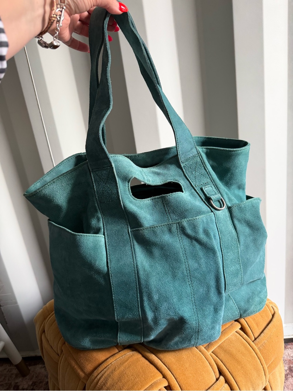 Free People Suede Caravan Tote Pine Green Leather Bag